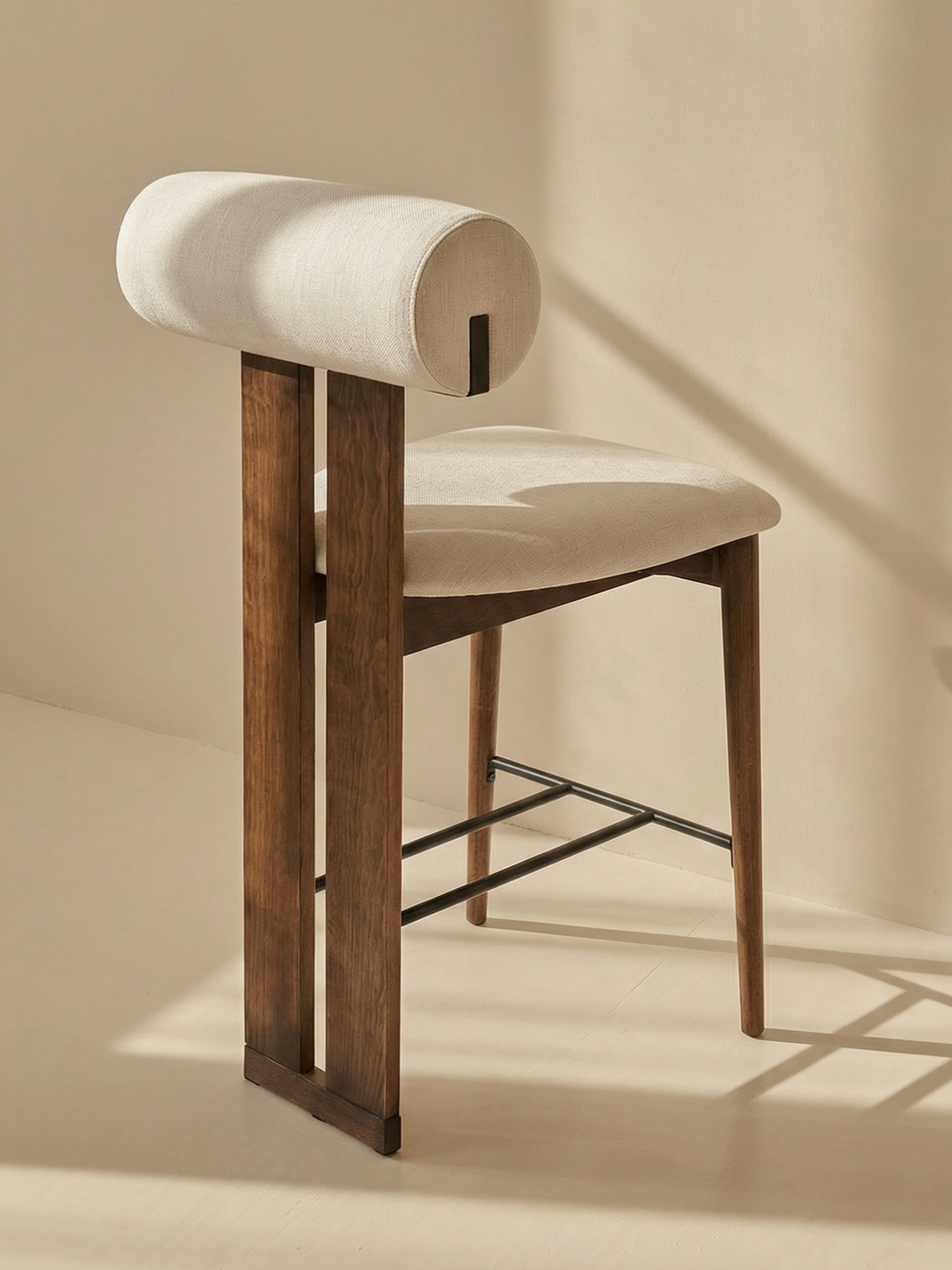 Mokani Japandi Bar Stool in Solid Wood with Fabric Seat – Minimalist & Comfortable