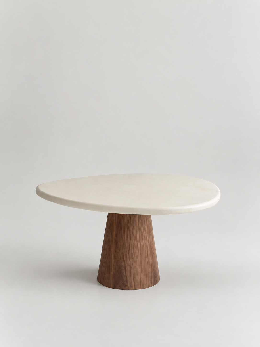 Mokani Organic Round Dining Table – Concrete Ciré with Leg in Wood Walnut Colour